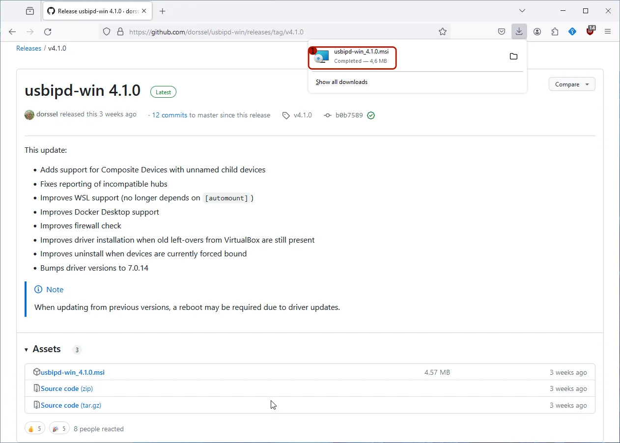 Download of usbipd-win completed